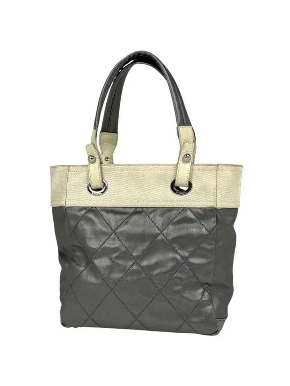 Chanel Tote Bag Paris Biarritz PM CC Logo Handle Gray Ivory